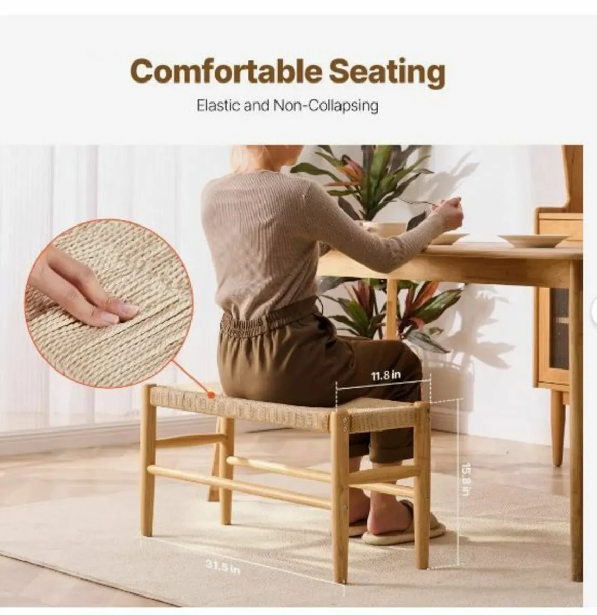 Rattan Bench Wooden Bench 31.5 Inches - Image 4