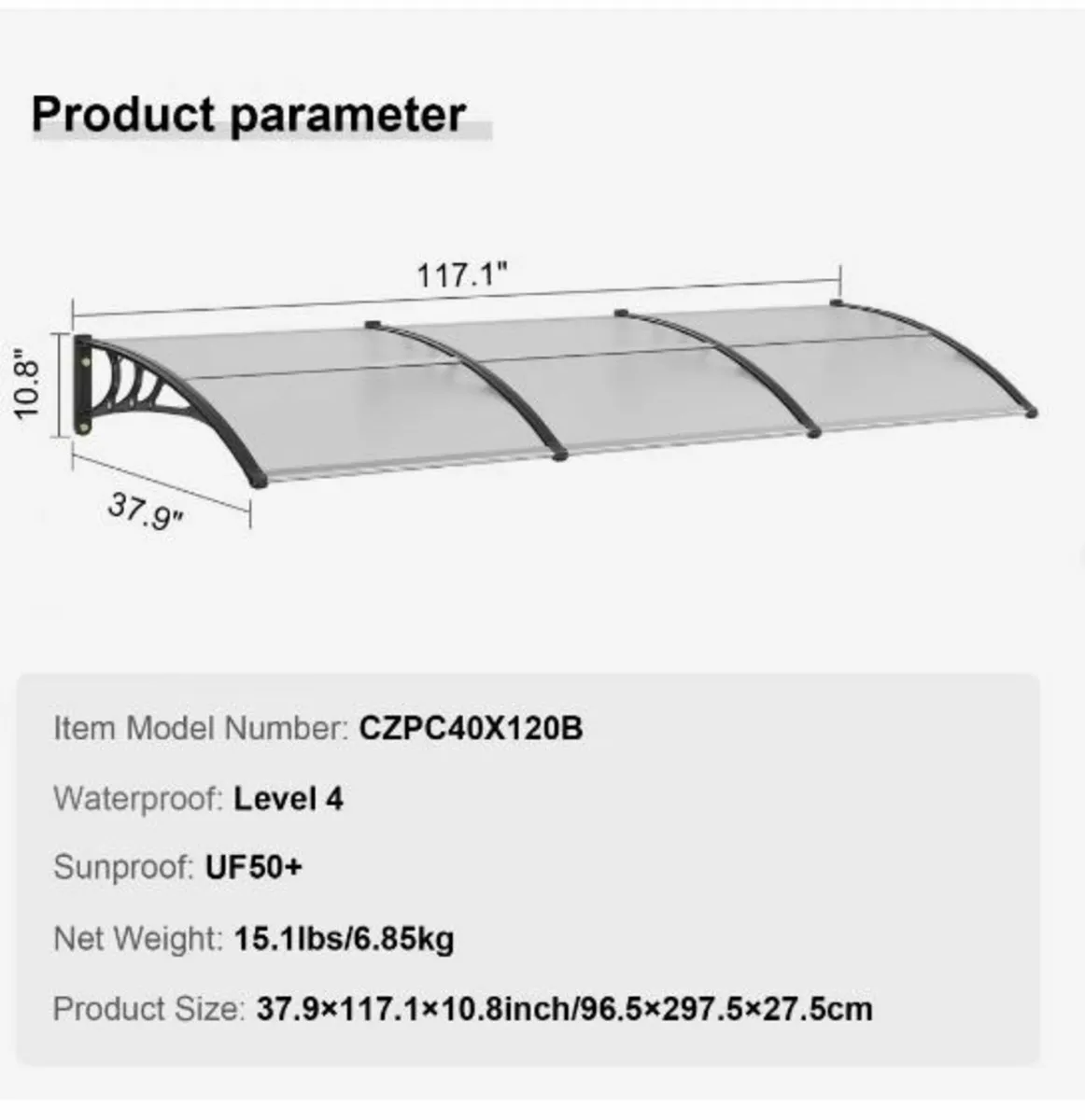Window Door Awning Canopy, 38" x 117" Door - Image 2