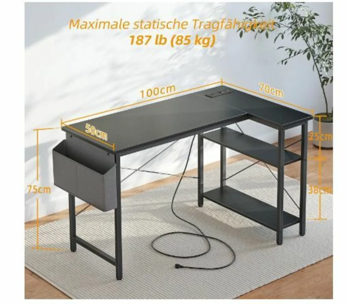 L-Shaped Desk with Sockets, 100 x 70 cm - Image 4