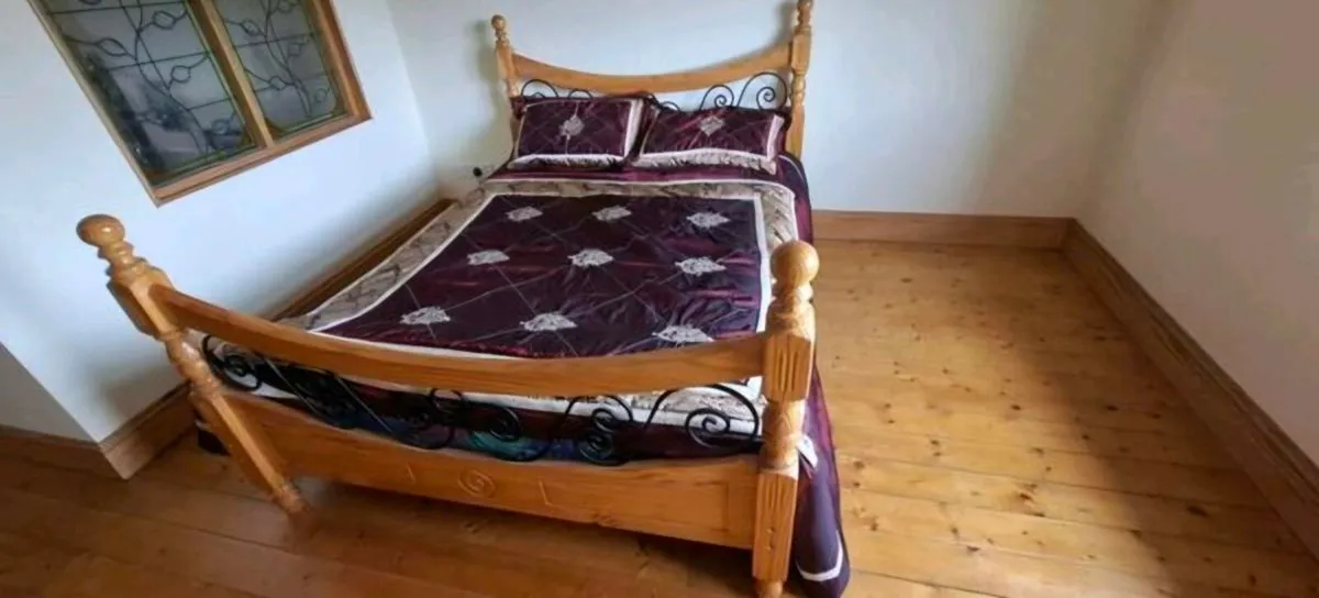 Double pine bed with mattress - Image 1