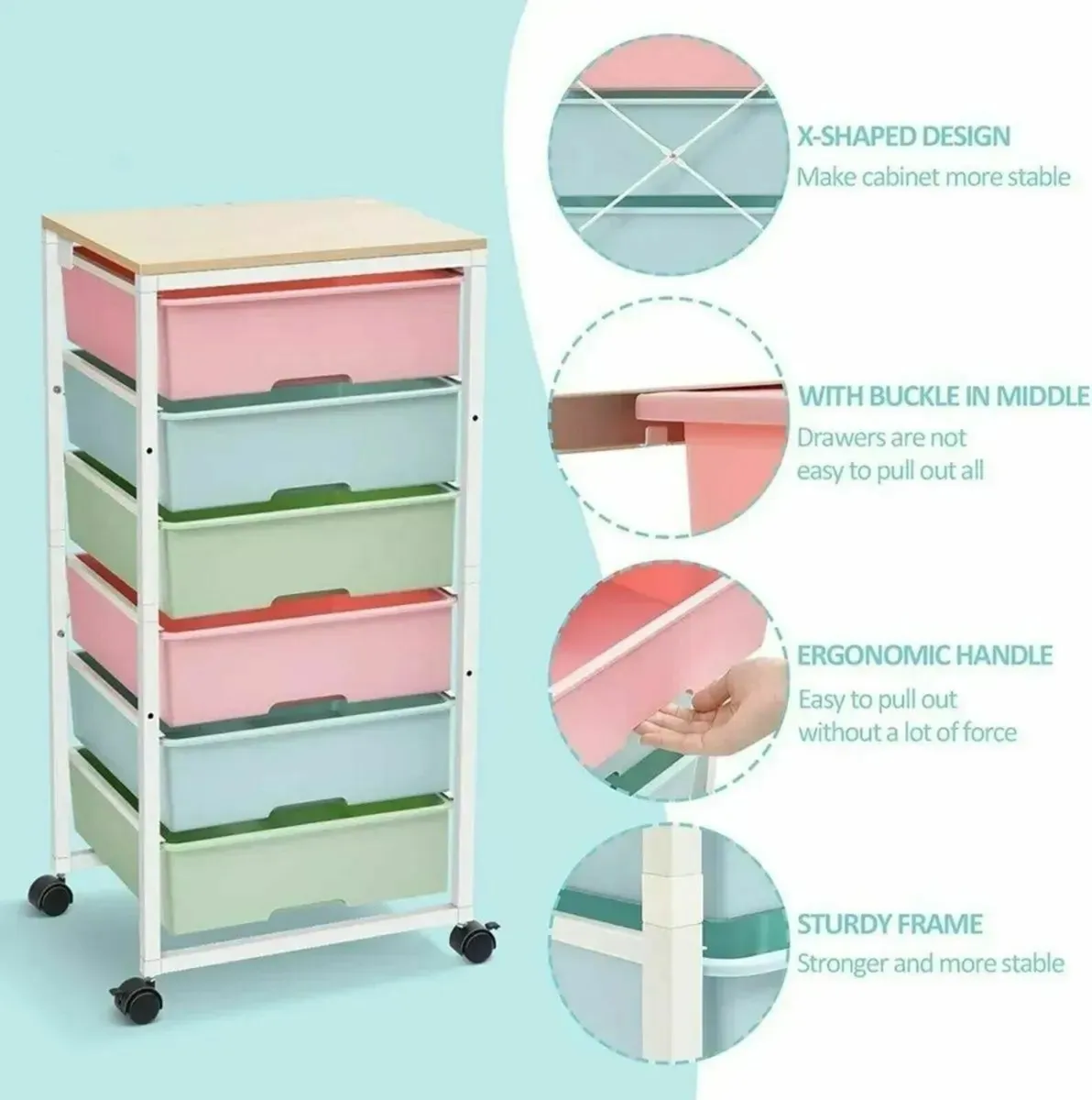 Rolling Storage Cart – 6-Drawer with Wooden Top - Image 4