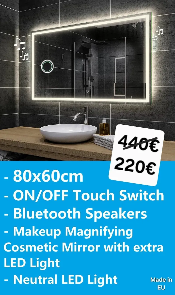 LED Bathroom Mirror 80x60cm Bluetooth Speakers - Image 1