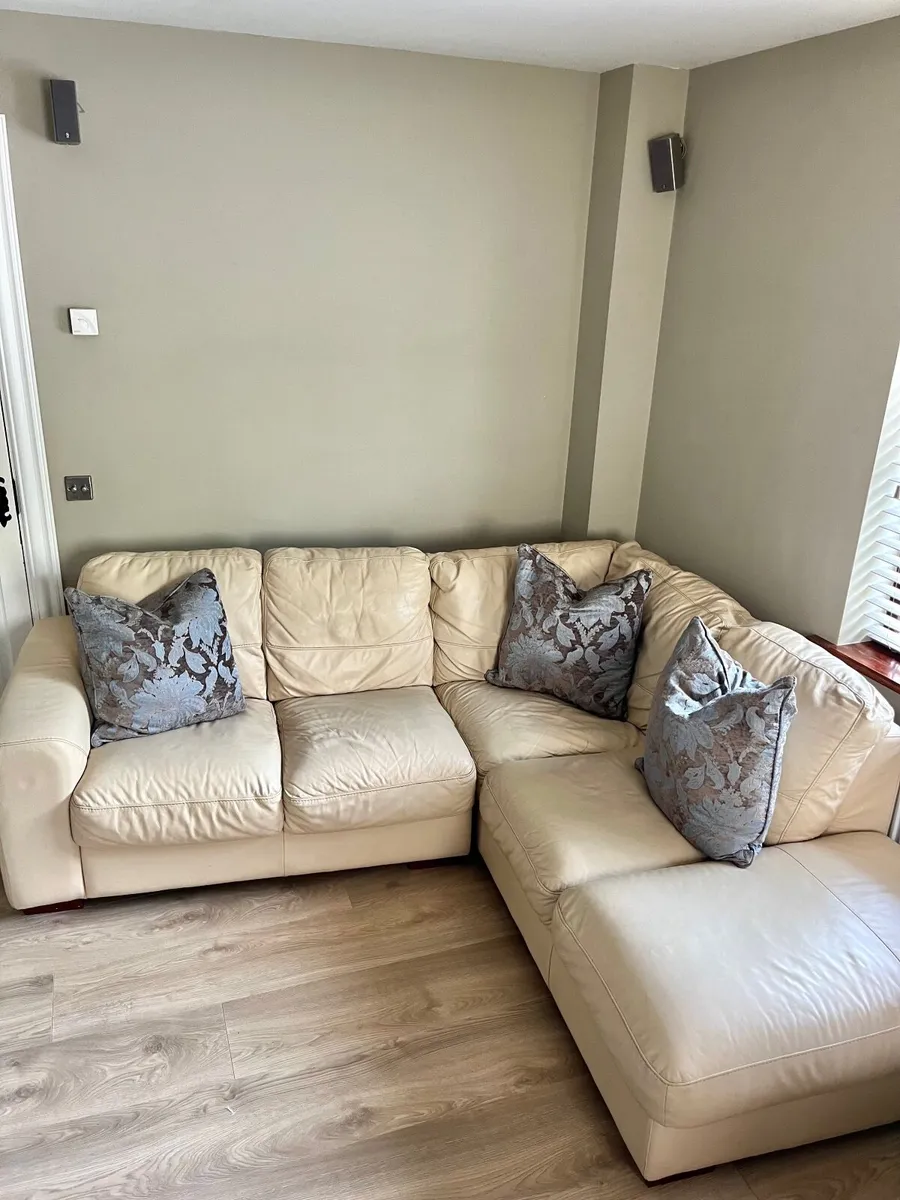 Cream Leather Corner Sofa+Matching Chair+Cushions - Image 1