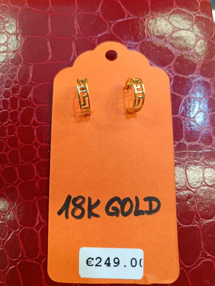 18k Yellow Gold Greek Key Hoops Earrings - Image 4