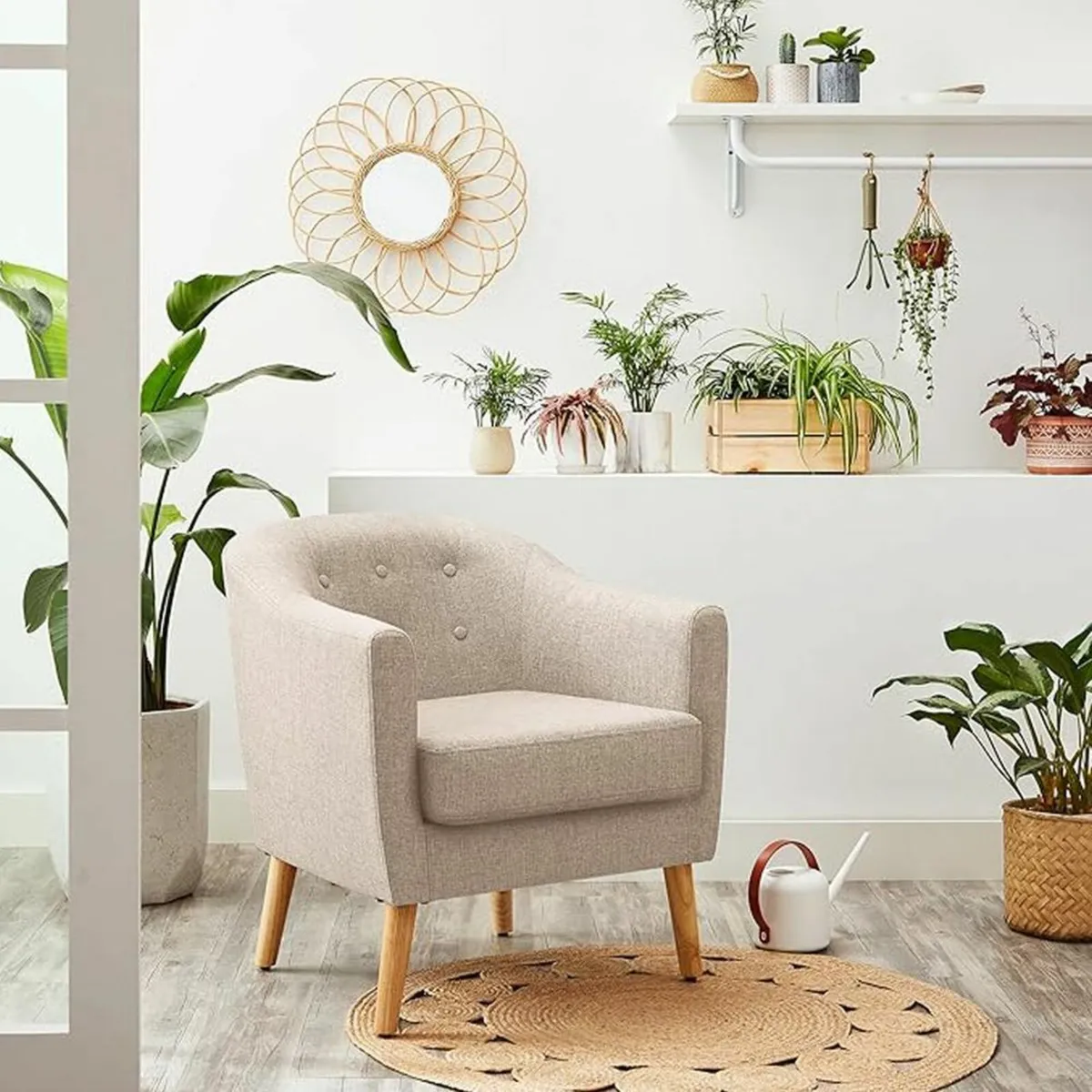 Beige Lounge Chair Linen Cotton Modern Armchair wi - Image 1