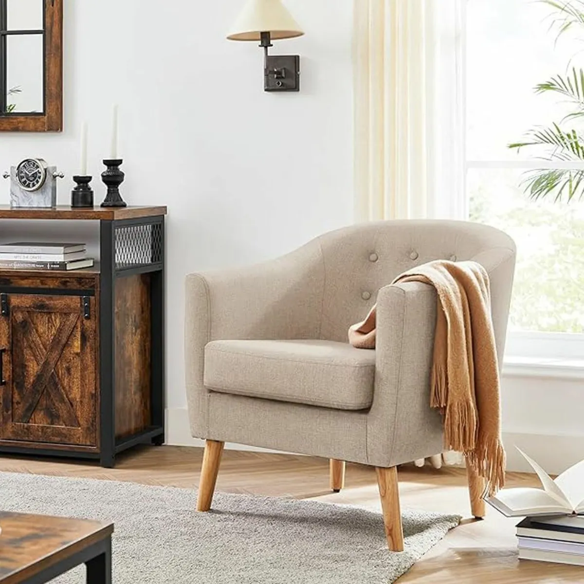 Beige Lounge Chair Linen Cotton Modern Armchair wi - Image 4