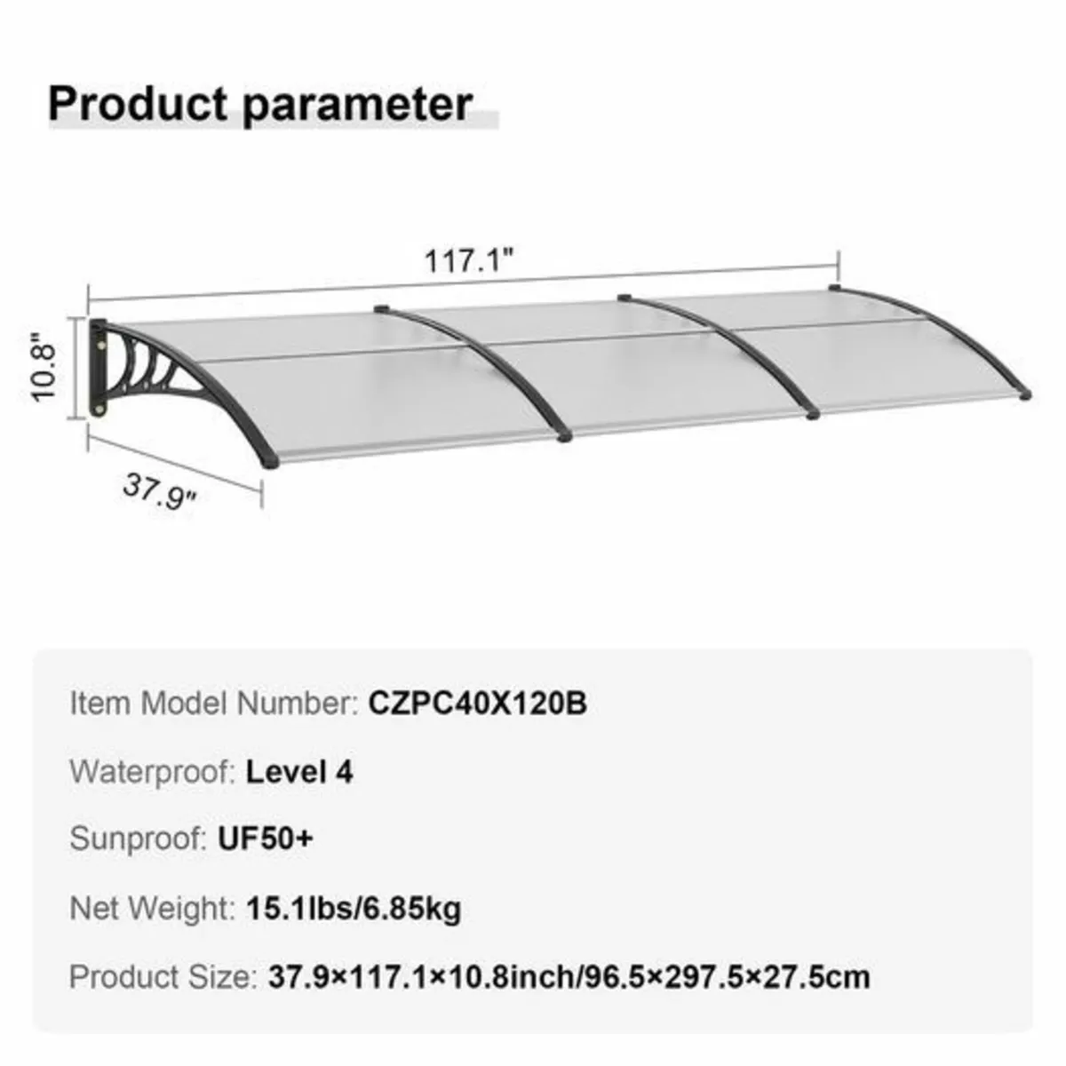 Window Door Awning Canopy 40" x 120", UPF 50+ Poly - Image 2