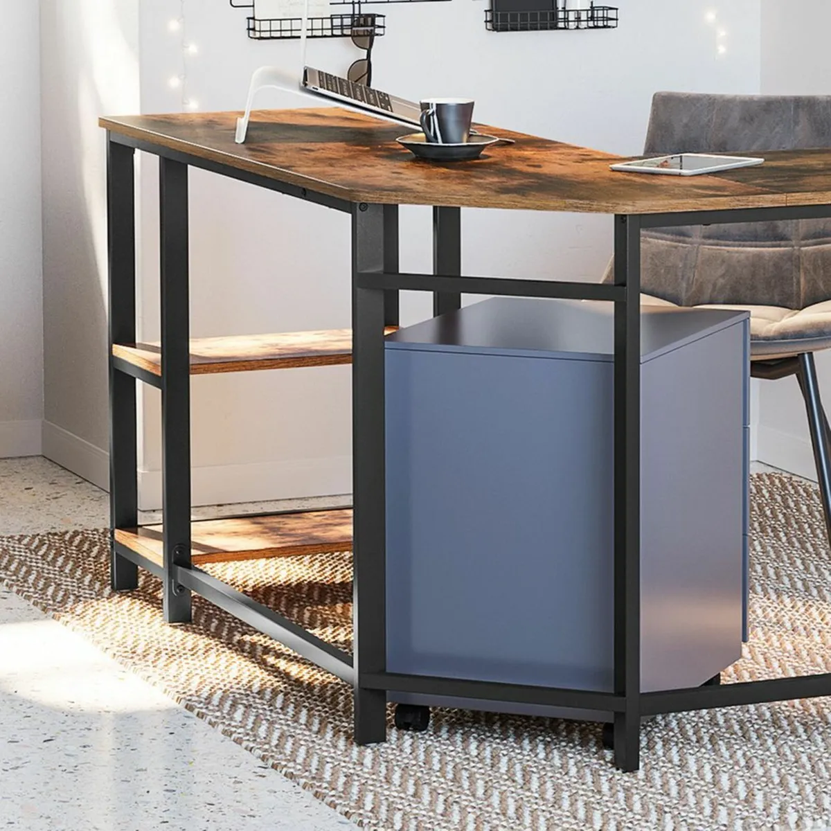 Desk - L Shaped Vintage Brown/Black Industrial Sty - Image 4