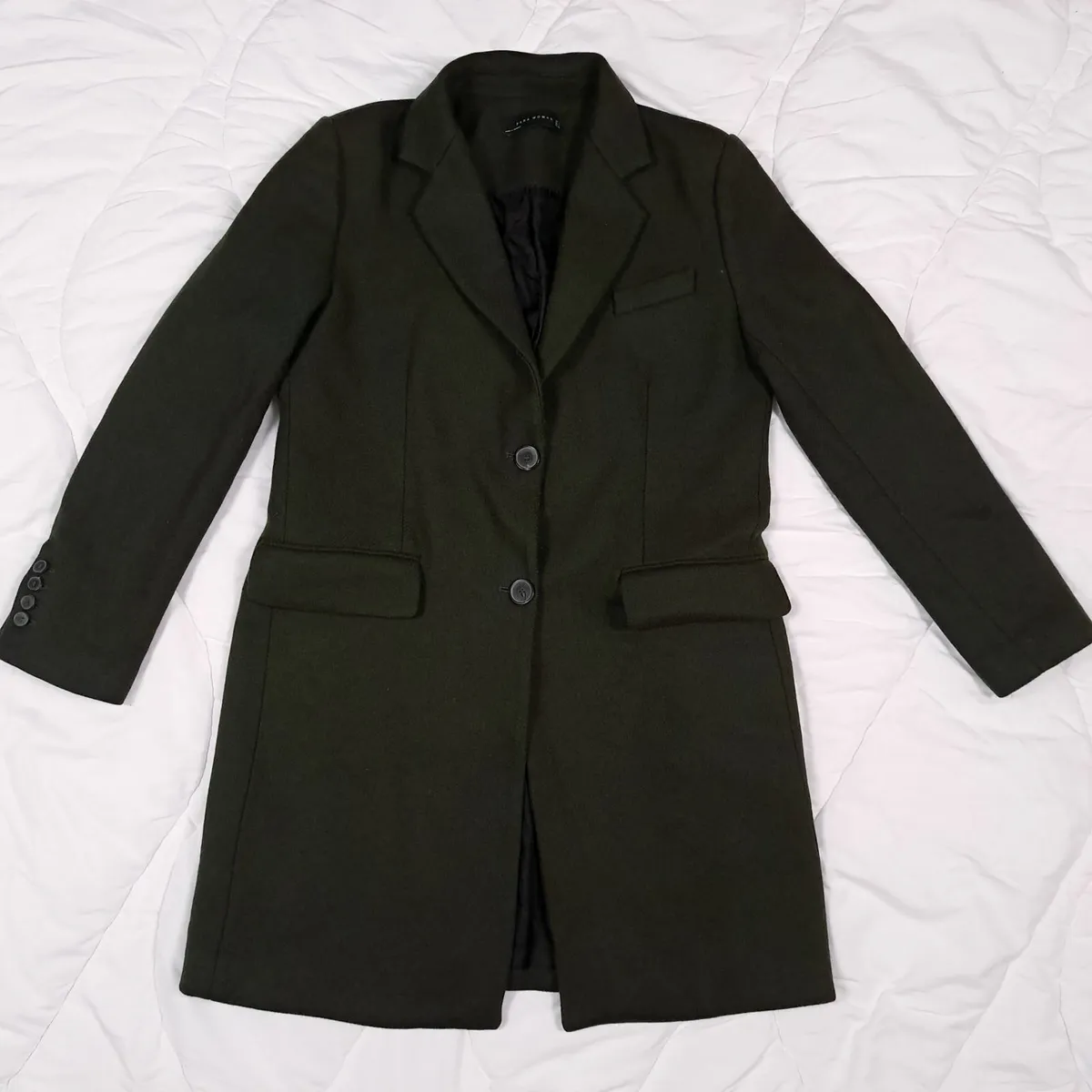 Zara Olive Green Long Coat Wool Size M - Image 1