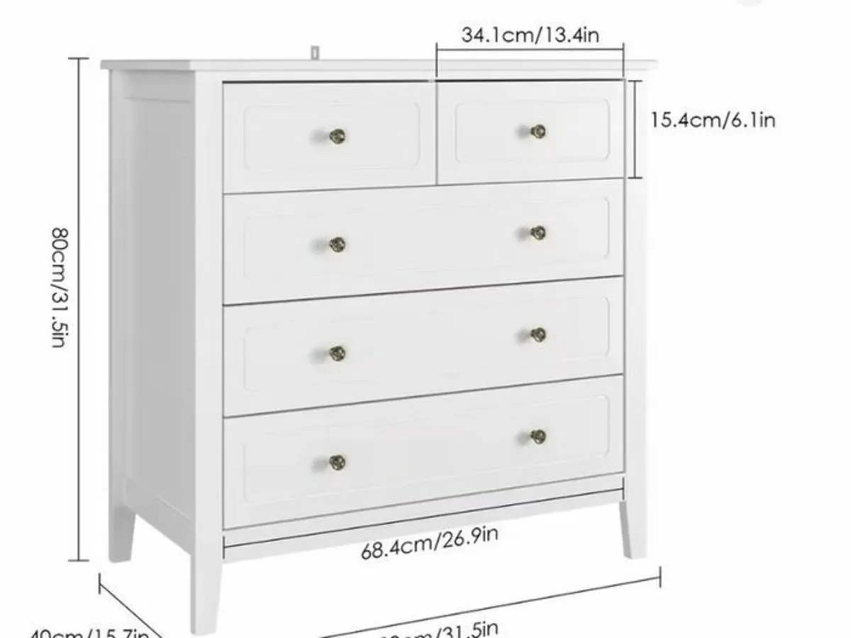 White Chest of Drawers Bedroom Dresser with 5 Draw - Image 2