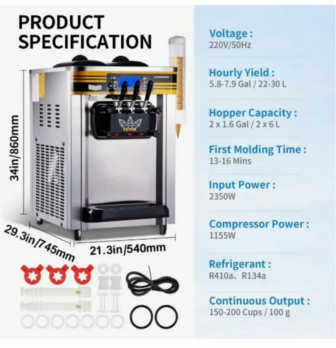 Commercial Ice Cream Maker, 22-30L/H Yield, 2350W - Image 1