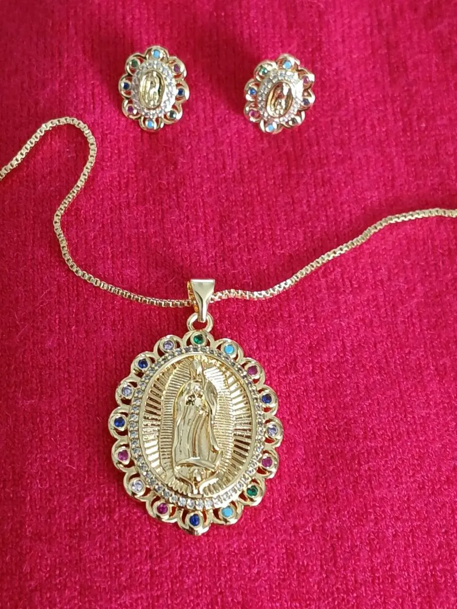 Our lady pendant & chain earrings set gold plated - Image 1