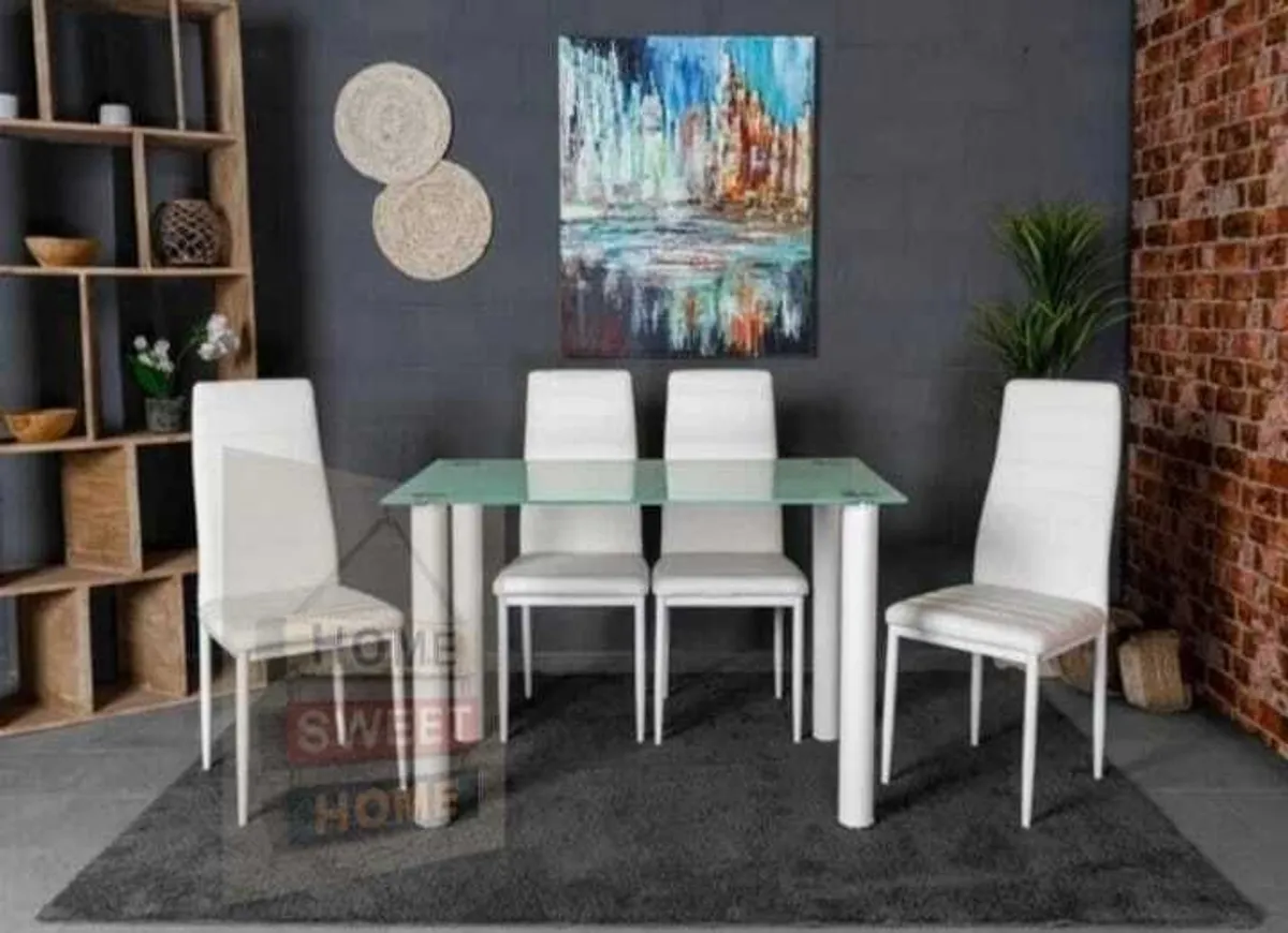 Compact Glass Dining Table Set Seats 4 , White - Image 1