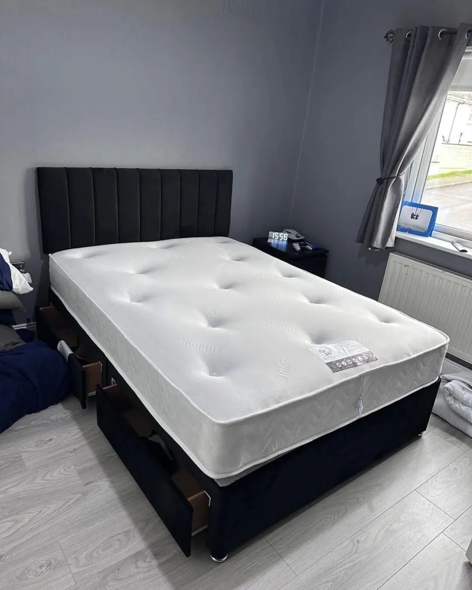 New 4'6 grey base with mattress & Headboard - Image 3