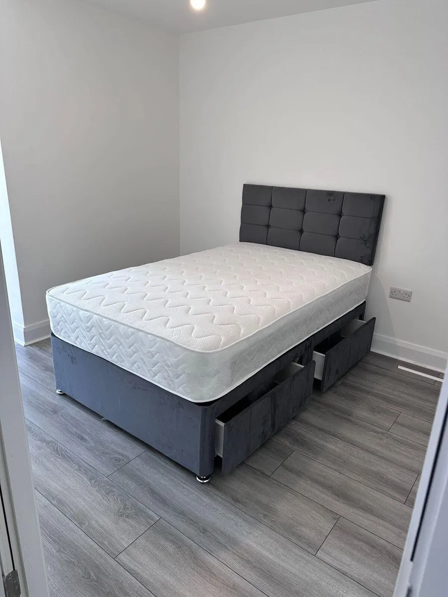New 4'6 Grey base with mattress & Headboard - Image 1