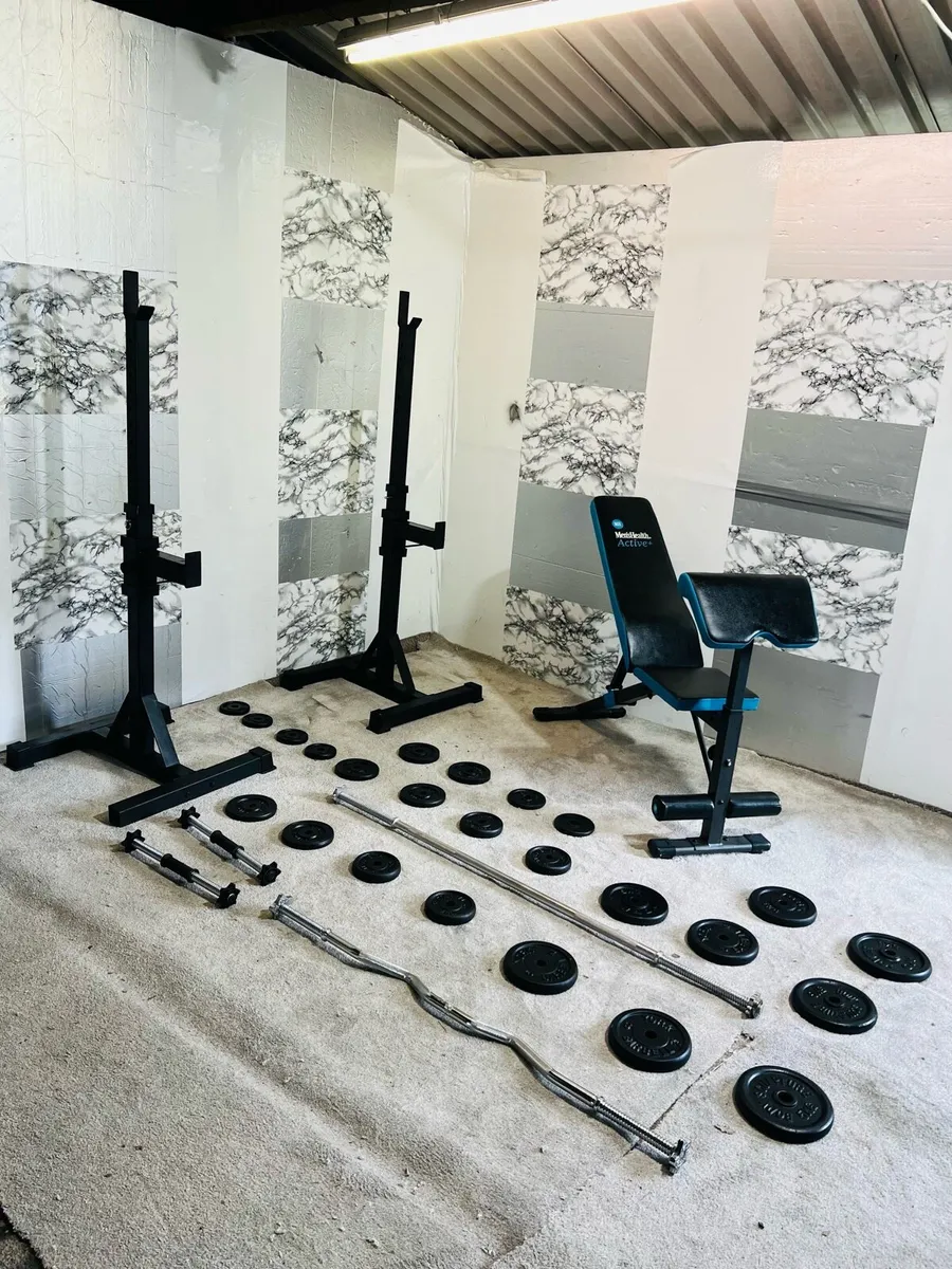 COMPLETE HOME GYM CAST IRON WEIGHTS RACK BENCH BAR - Image 1