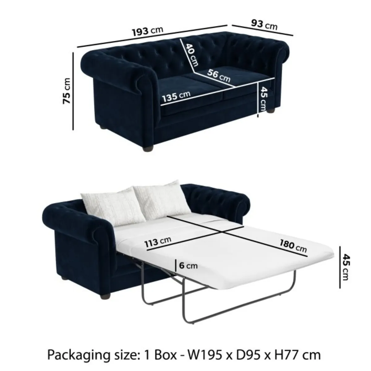 Navy Velvet Chesterfield Sofa Bed - 3 on Seats - Image 4