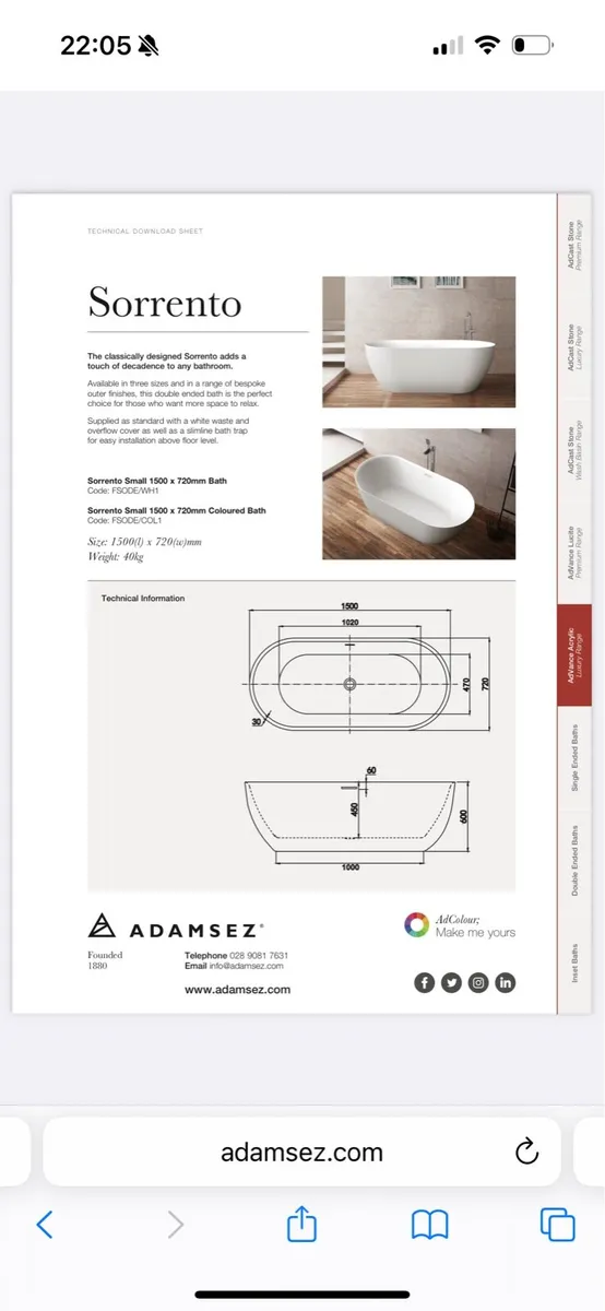 Adamsez Sorrento bath 1500 x 720 mm brand new - Image 3