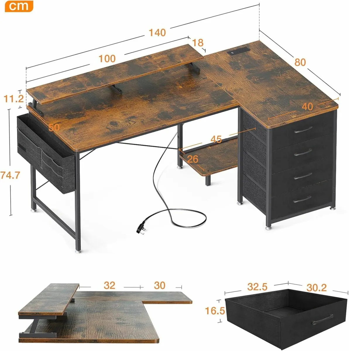 Corner Office Desk Drawer 140x80cm Power Outlet - Image 4