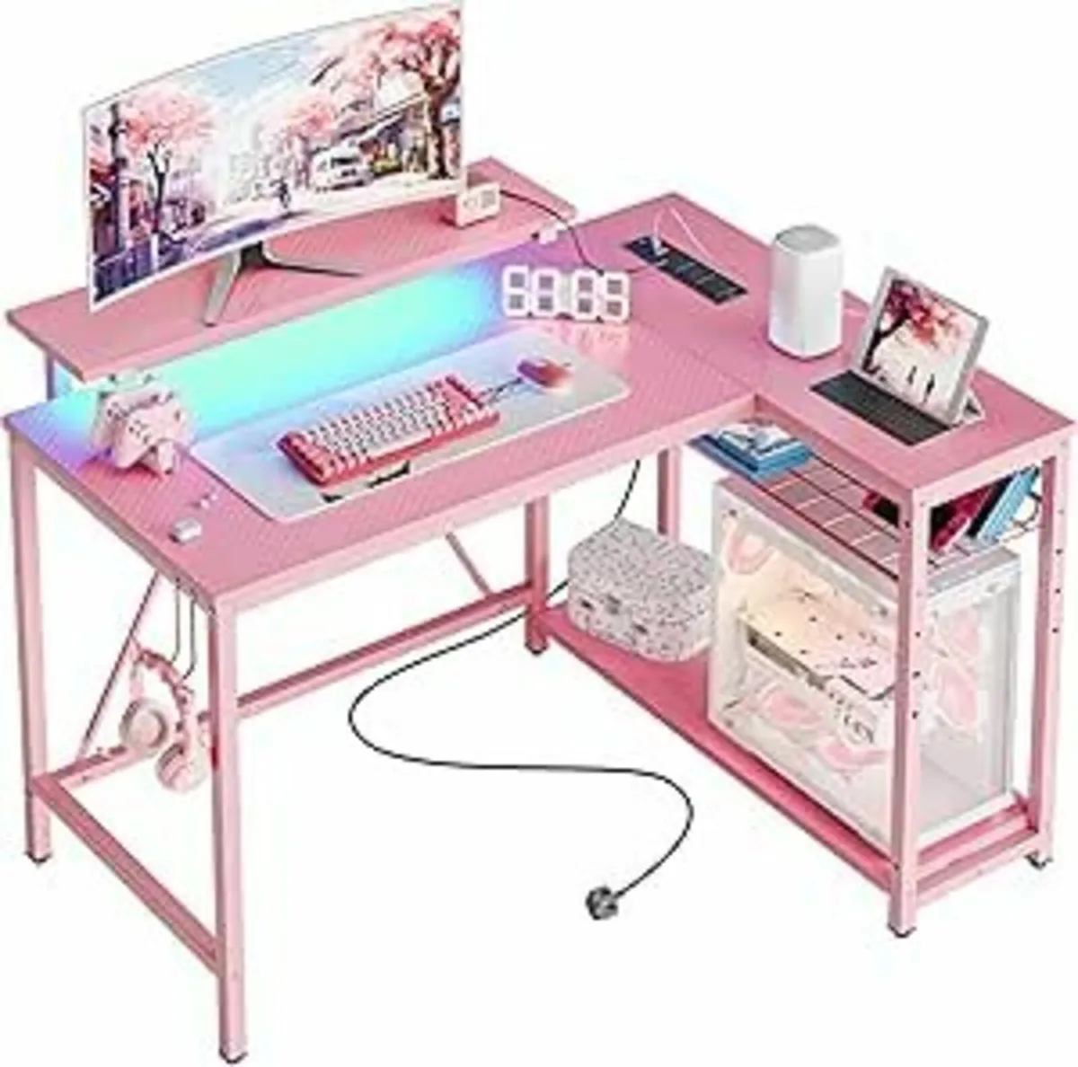 106.5cm Office Desk Power Outlets LED Lights Pink - Image 2