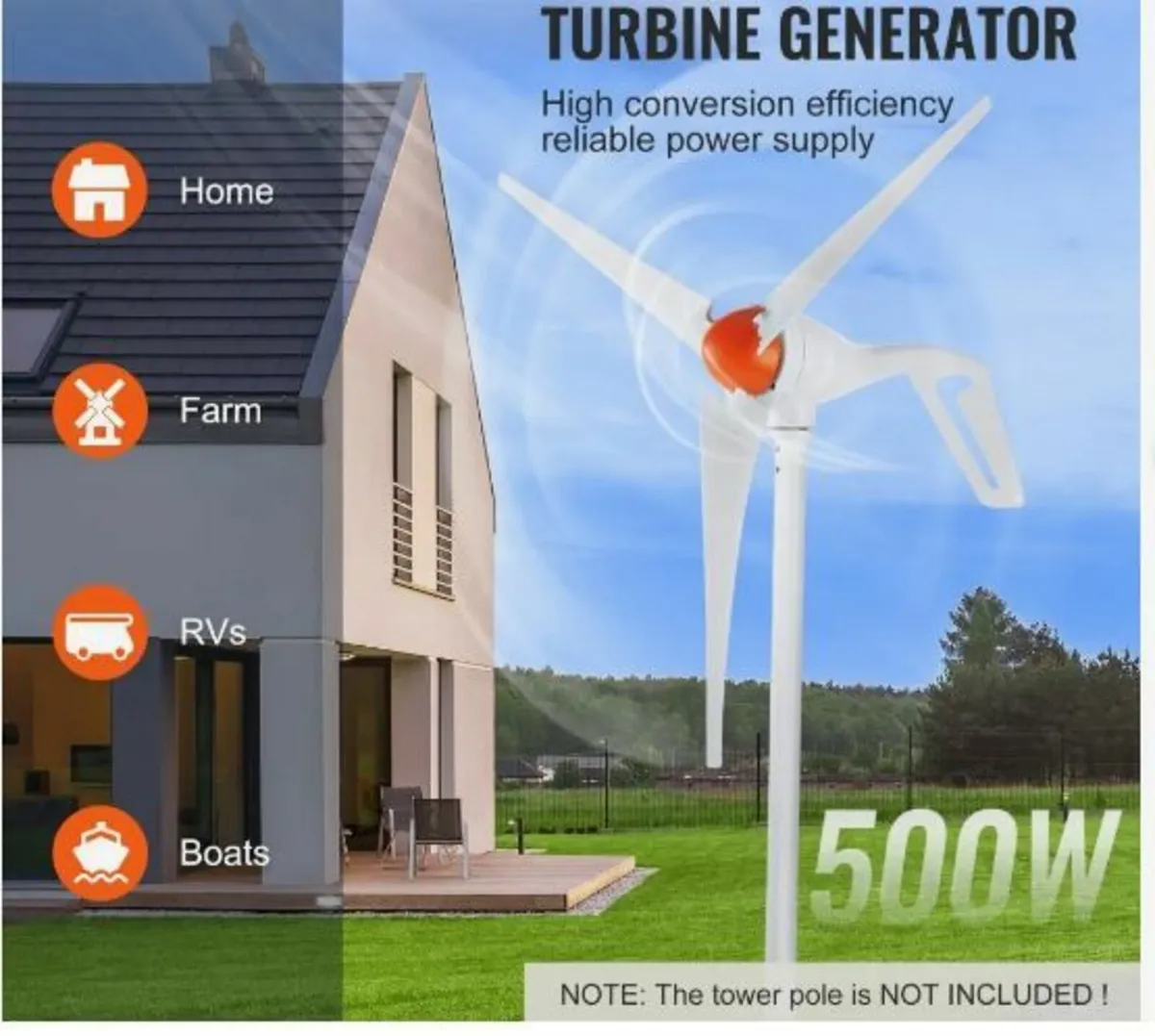 500W Wind Turbine Generator 24V 3-Blade - Image 2