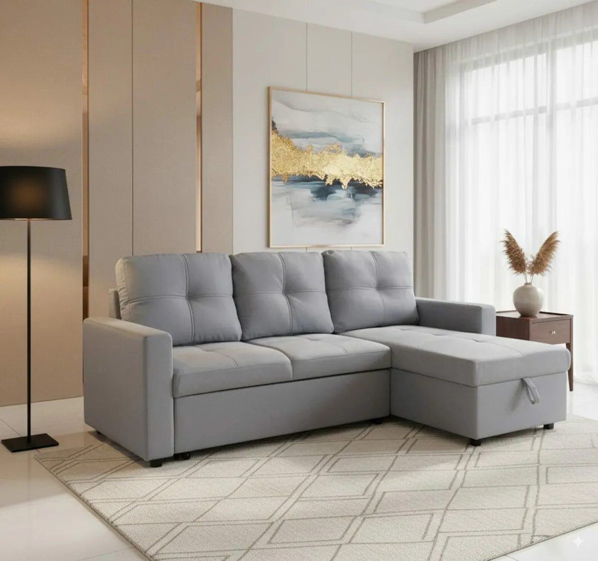 Grey Fabric L Shape Corner Sofa Bed with Storage - Image 1