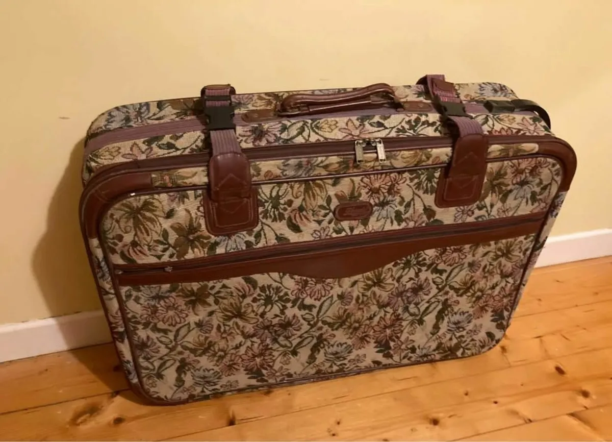 Large Vintage Suitcase with Floral Tapestry - Image 1