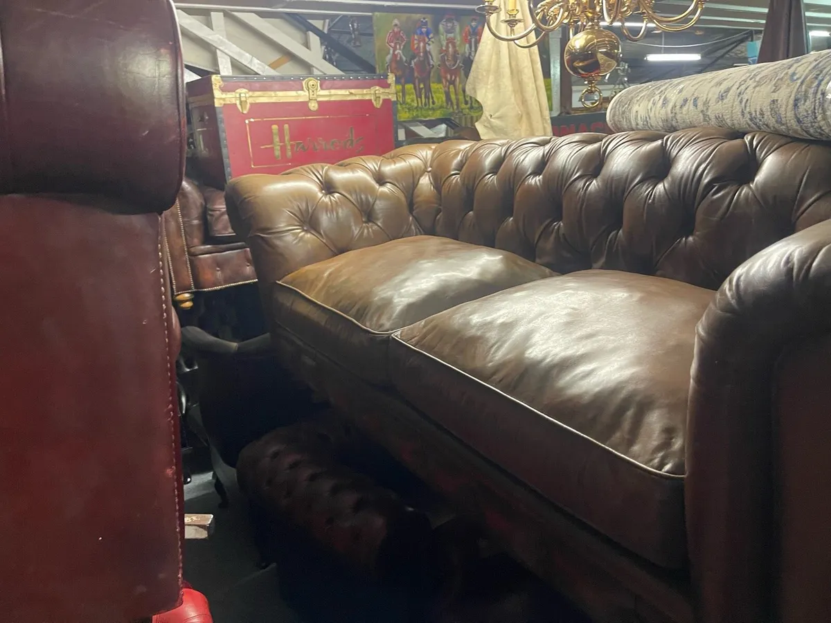Original antique tan leather chesterfield sofa - Image 2