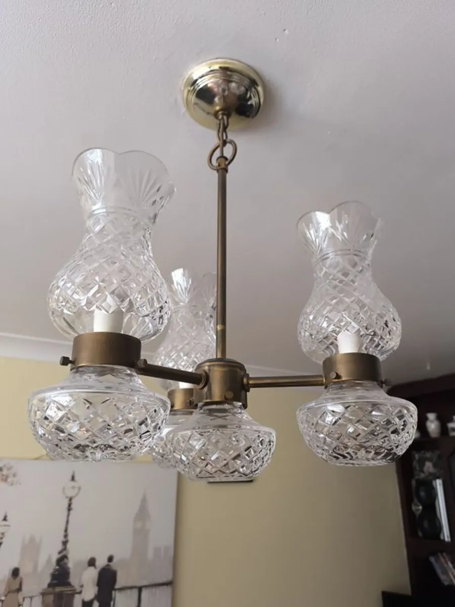 Waterford Crystal Lismore hurricane brass chandelier. Brass just needs polishing.