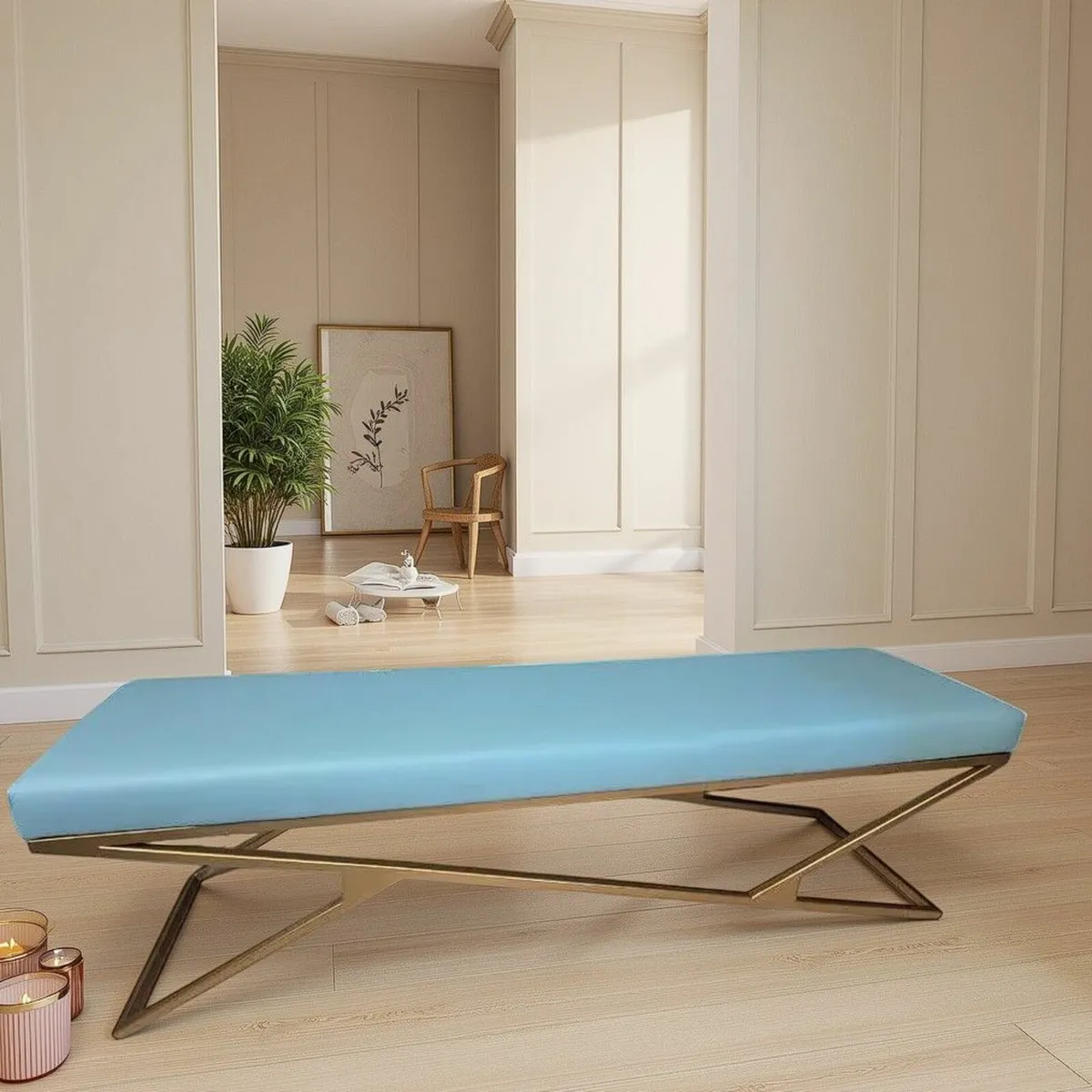 Luxury Velvet Bench – Gold Powder-Coated, Metal - Image 2
