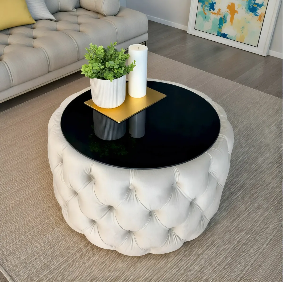 Velvet Button Tufted Round Coffee Table - Image 2