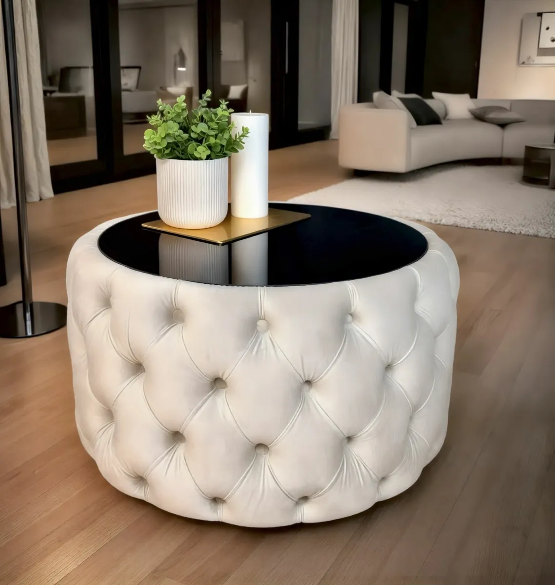 Velvet Button Tufted Round Coffee Table - Image 3