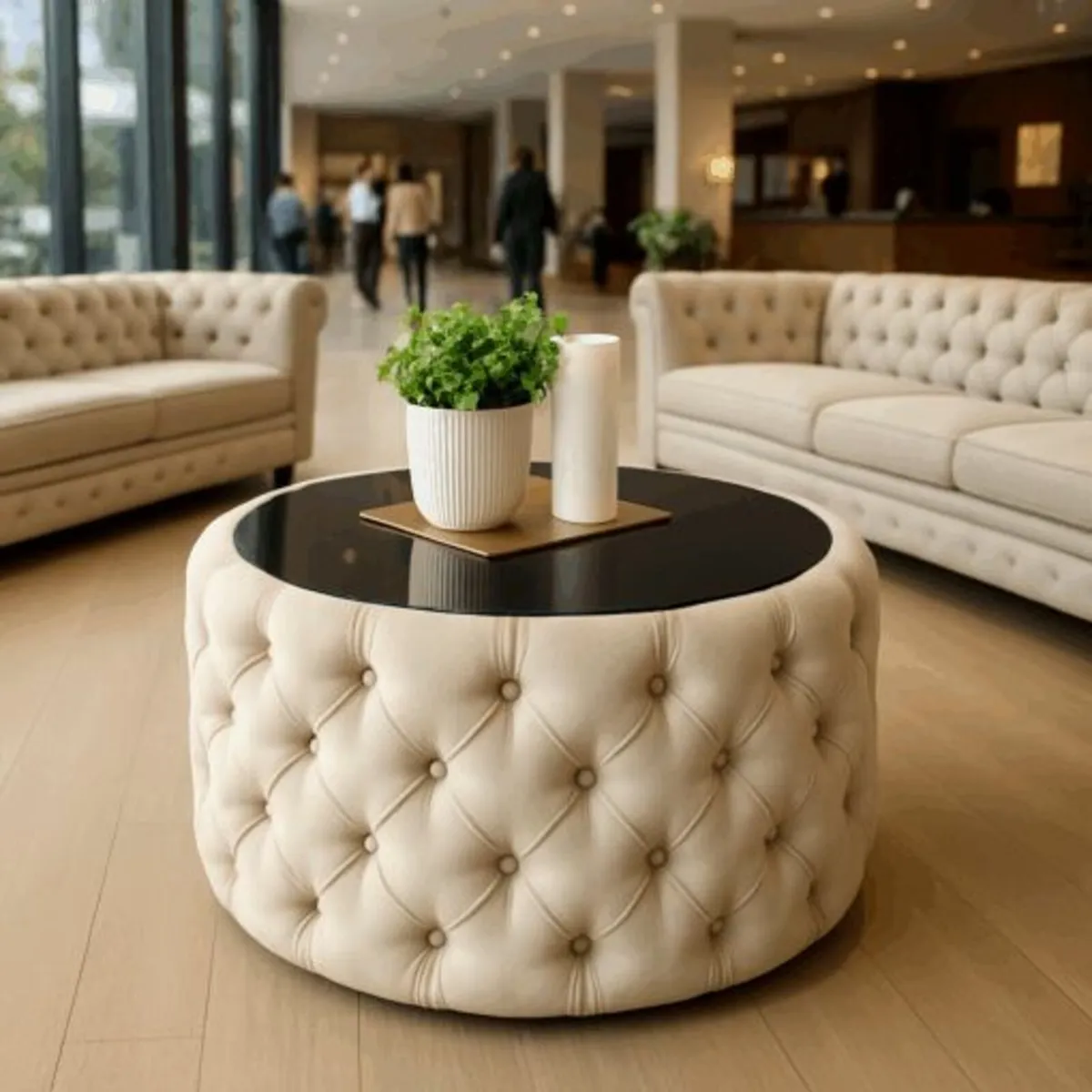 Velvet Button Tufted Round Coffee Table - Image 1