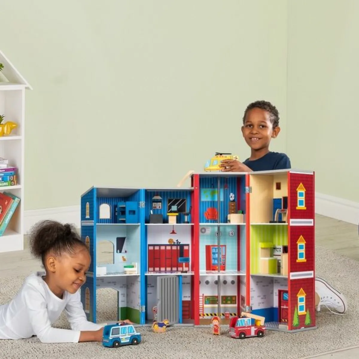 Police Station and Fire Rescue Wooden Playset - Image 1