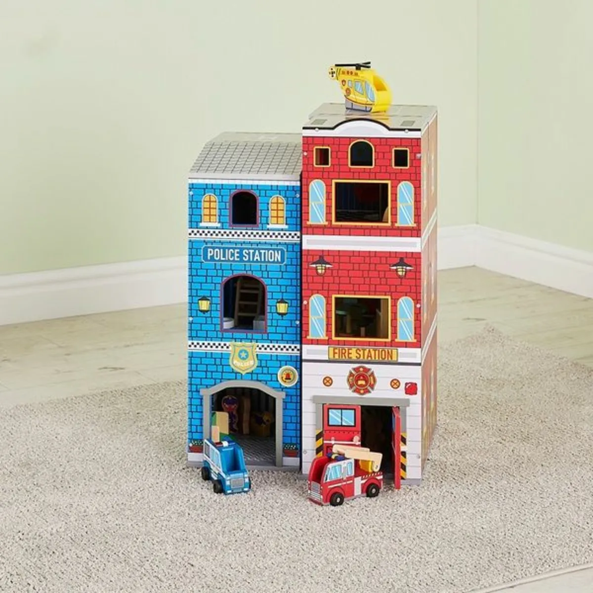 Police Station and Fire Rescue Wooden Playset - Image 2