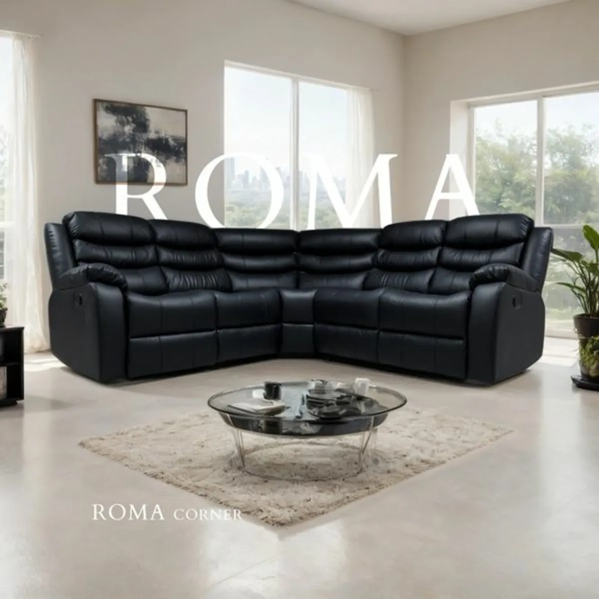 Roma Corner Black Leather Manual Recliner Sofa - Image 1