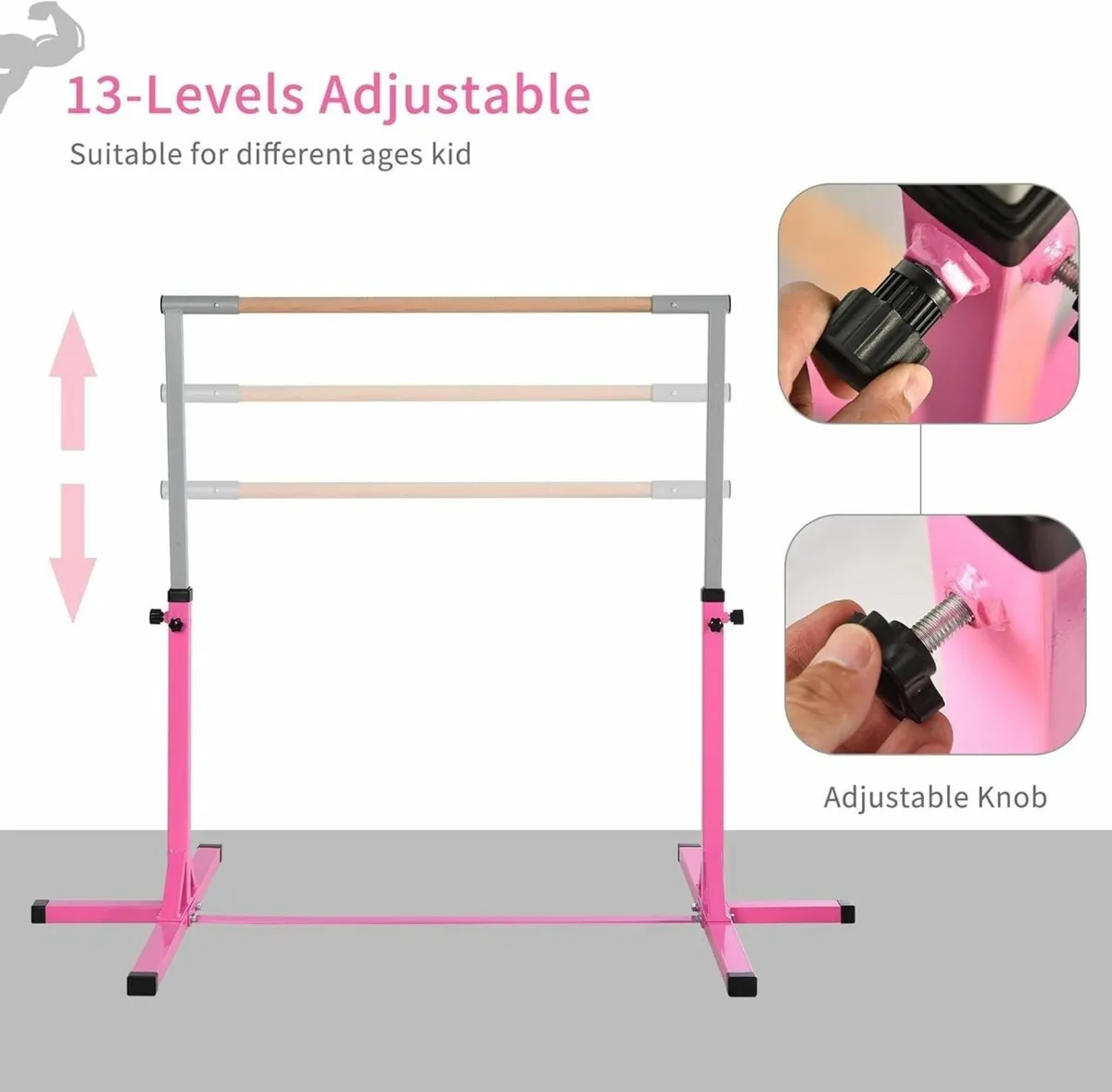 Kids Gymnastics Bar Adjustable with Hardwood Base - Image 2