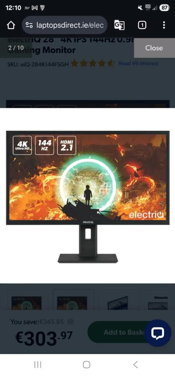 electriQ 28" IPS 4K UHD 144Hz 0.9ms Gaming Monitor - Image 1