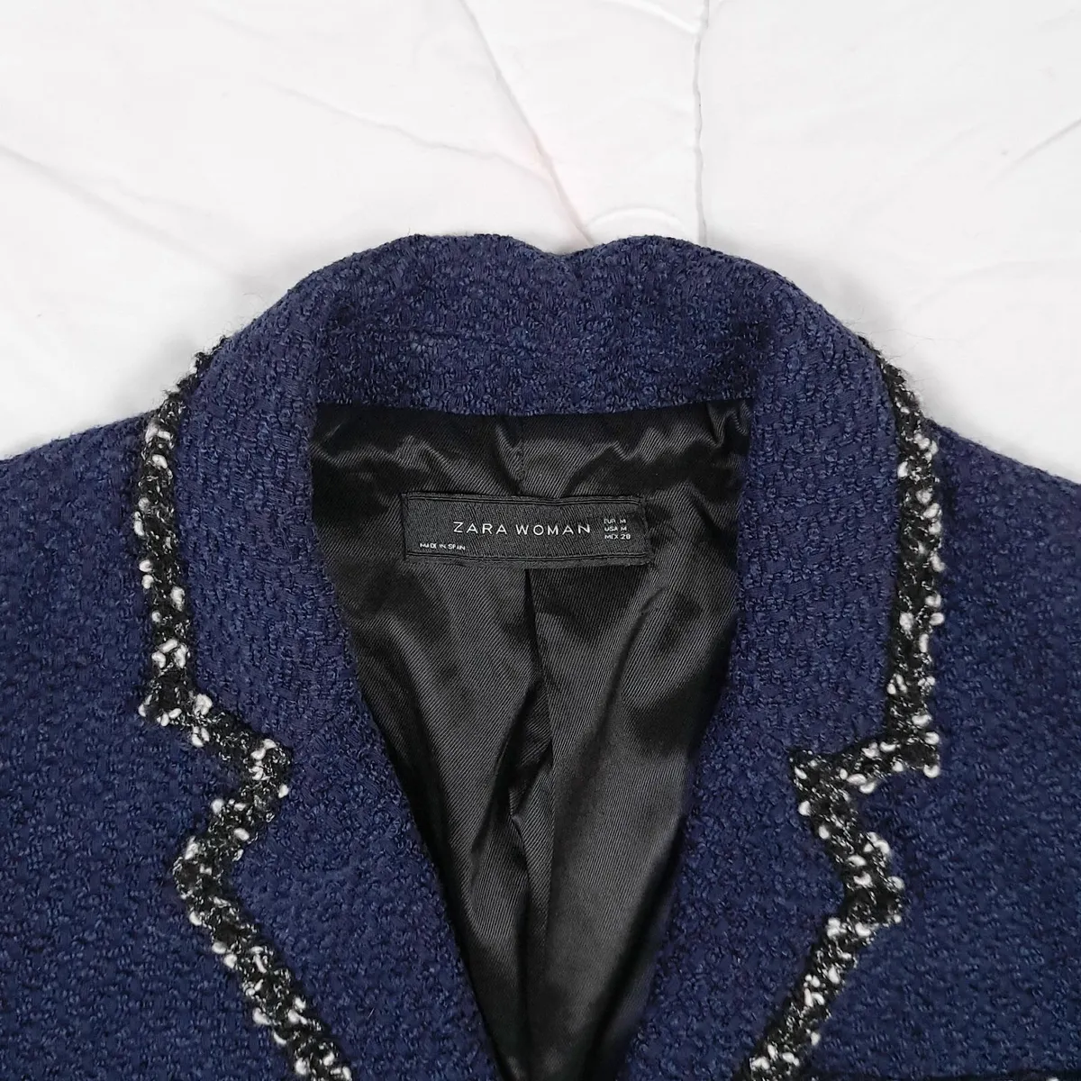 Zara Navy Blue Cropped Tweed Jacket Size M - Image 2