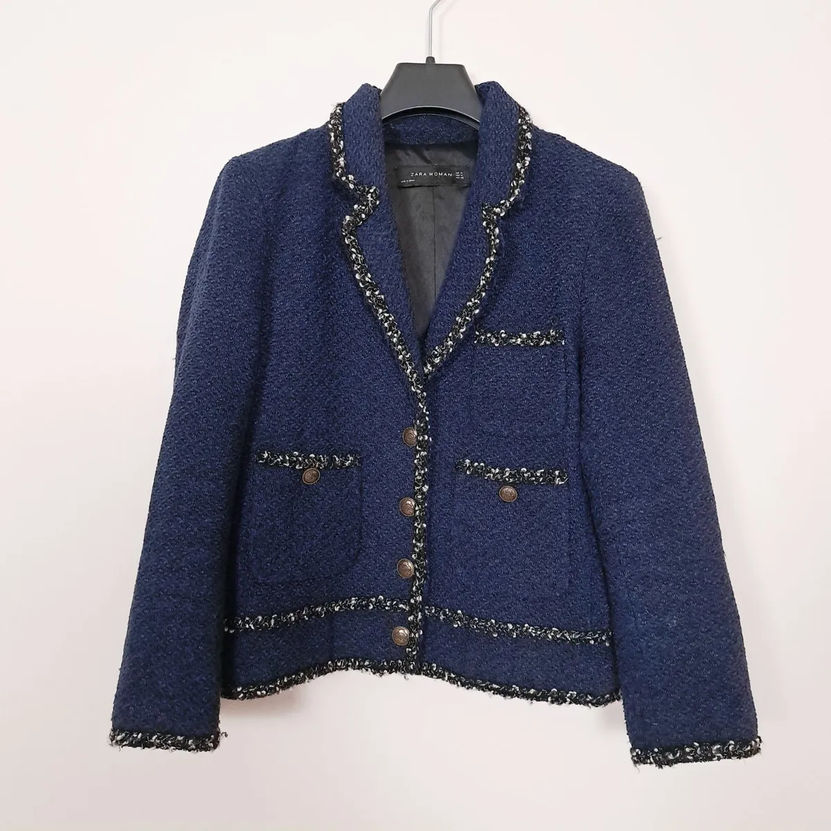 Zara Navy Blue Cropped Tweed Jacket Size M - Image 1