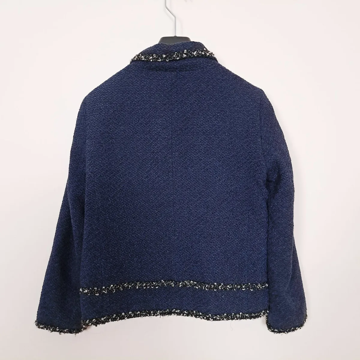 Zara Navy Blue Cropped Tweed Jacket Size M - Image 3