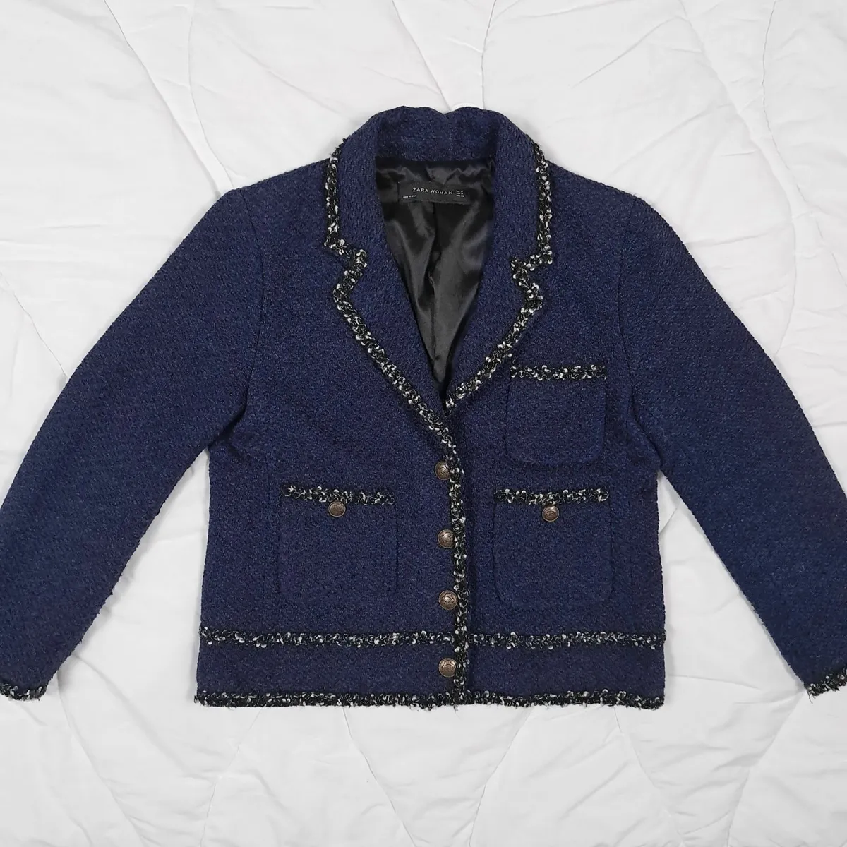 Zara Navy Blue Cropped Tweed Jacket Size M - Image 4