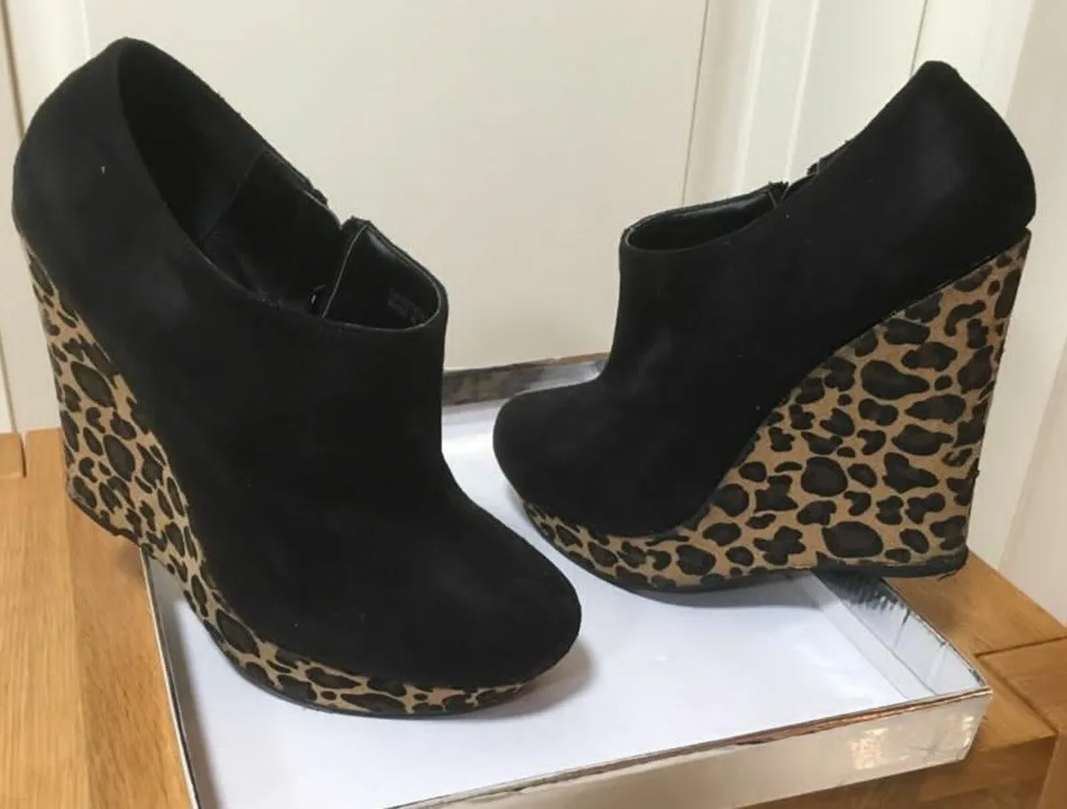 Black/Leopard Suede Wedge Boots - Size 6 / 39 - Image 1