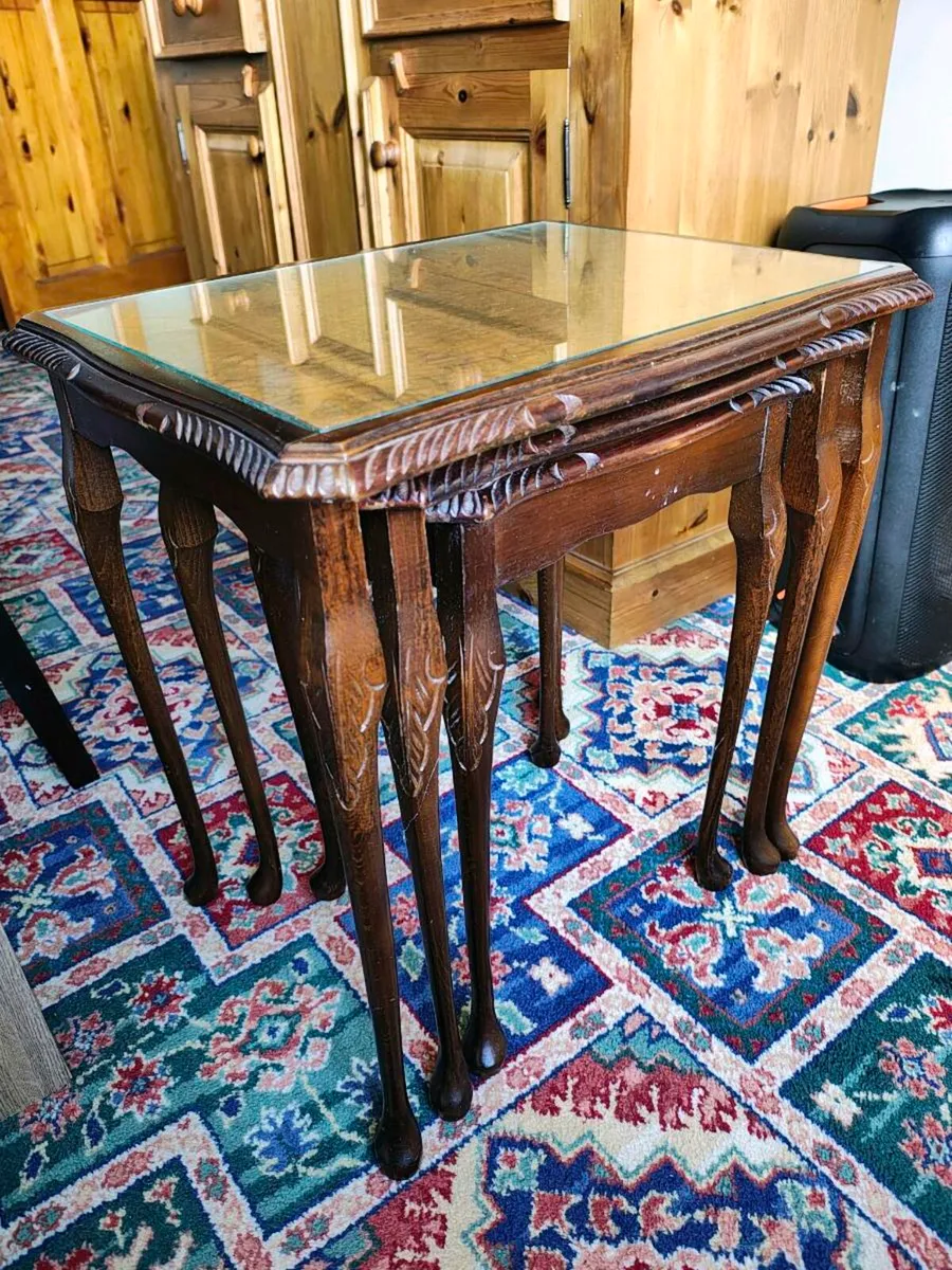 Vintage nest 3 brown wooden tables leather top - Image 1