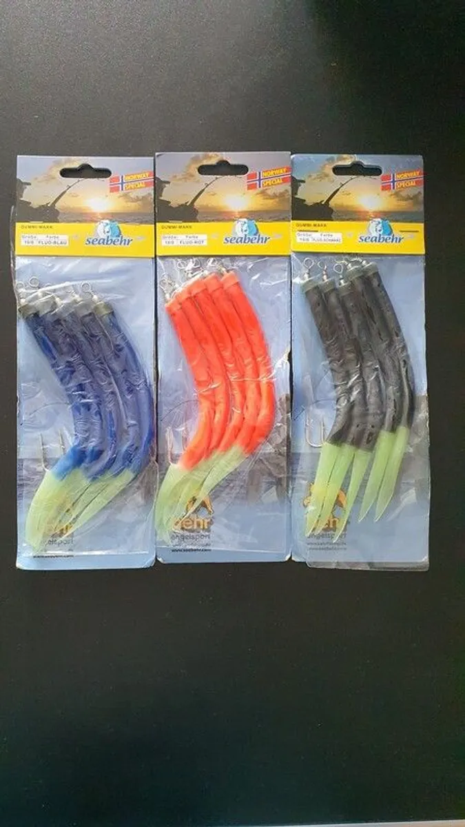 NEW - 3 Packs x 5 BEHR Mix Colour Gummi Makks on Hooks 10/0 - Bait Trace Paternoster Lures Cod Pollock Ling Conger Bass Macker - Image 1