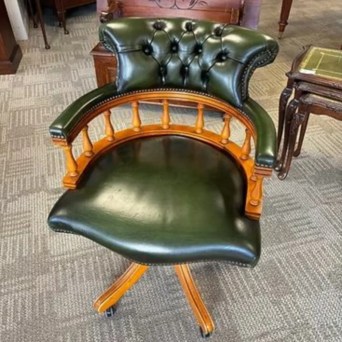 Fabulous green leather yew framed button backed ca