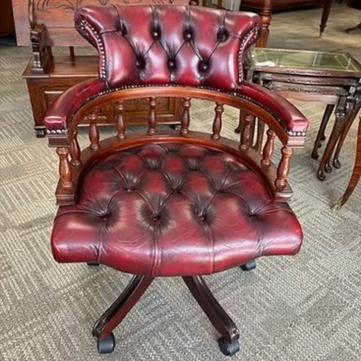 Fabulous red leather mahogany framed button backed
