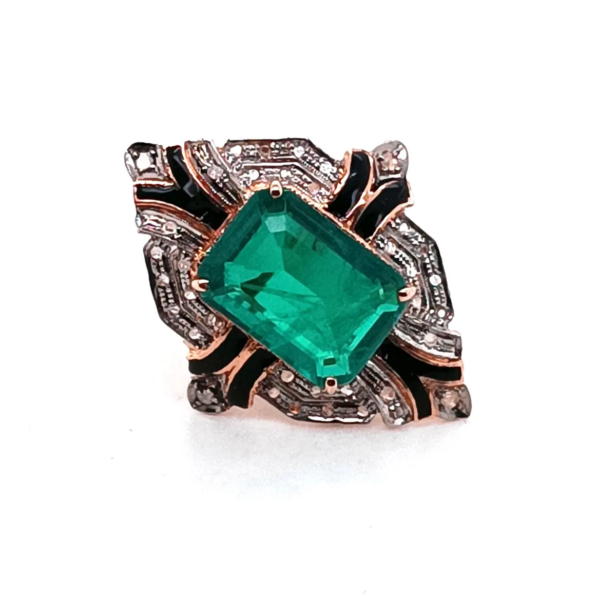 Art Deco Ring 9k Gold ,Diamond, Enamel, Green Ston - Image 1