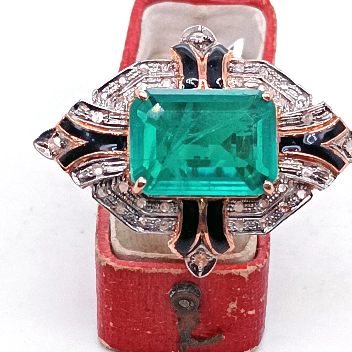 Art Deco Ring 9k Gold ,Diamond, Enamel, Green Ston - Image 2