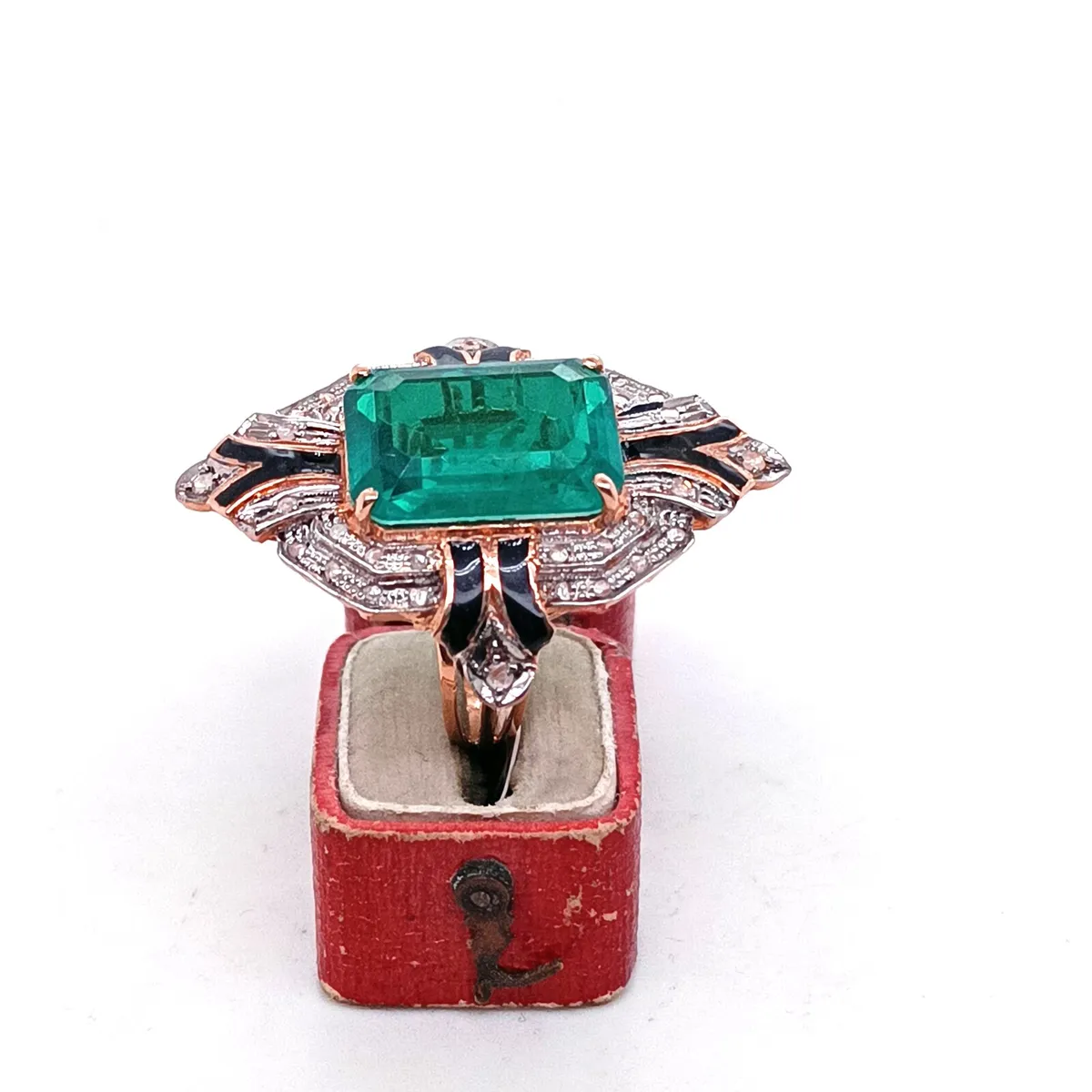 Art Deco Ring 9k Gold ,Diamond, Enamel, Green Ston - Image 3